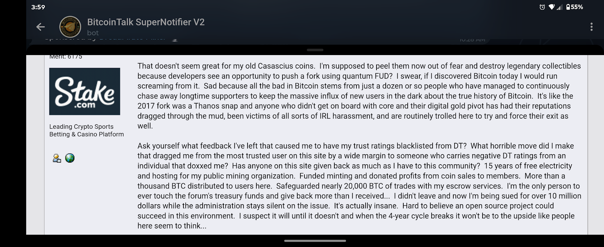Screenshot of an April 15, 2026 Bitcointalk post by OgNasty discussing Bitcoin forks, reputation, NastyFans distributions, forum treasury funds, and litigation